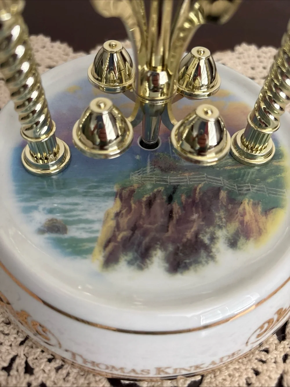 Thomas Kinkade White & Gold Glass Dome Mantel Clock with Scenic Dial